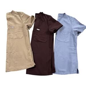 FIGS Scrub Tops Set 3 XS Beige Brown Blue Medical Uniform Stretch Bundle